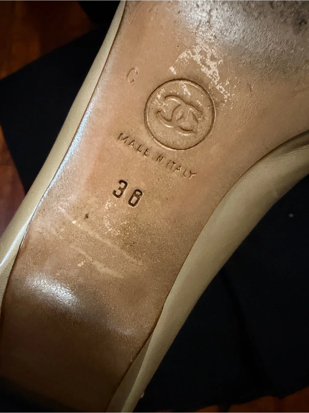 CHANEL Beige Leather Flats with Black Cap Toe